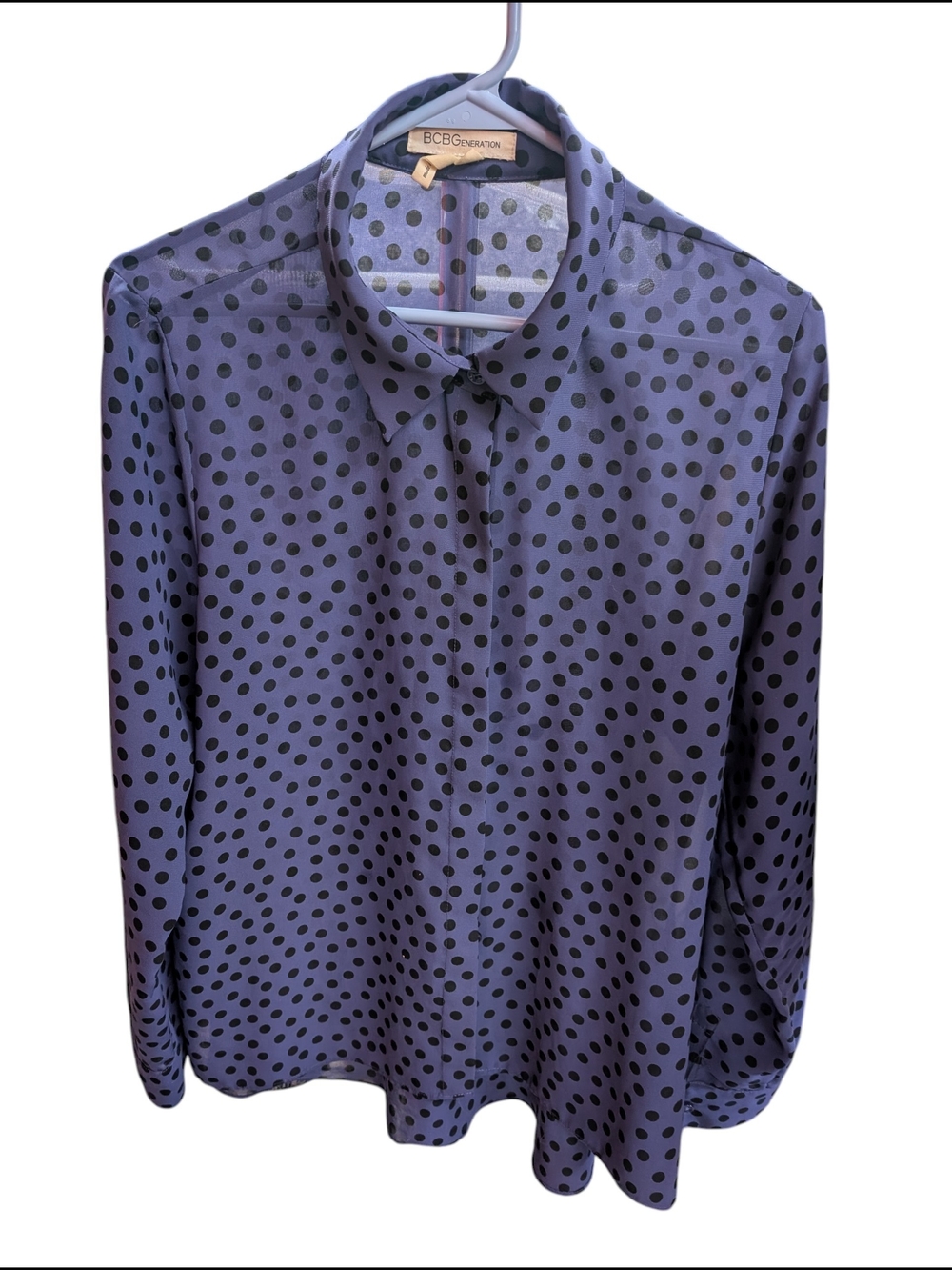 BCBGeneration Purple Long-Sleeve Shirt with Black Polka Dots